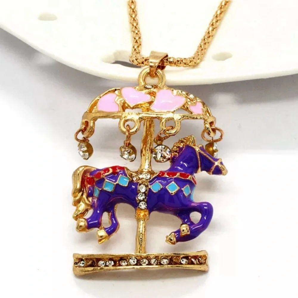 Merry Go Round Carousel Miniature Dark Blue, Pink, & Gold Necklace - Picture 4 of 6